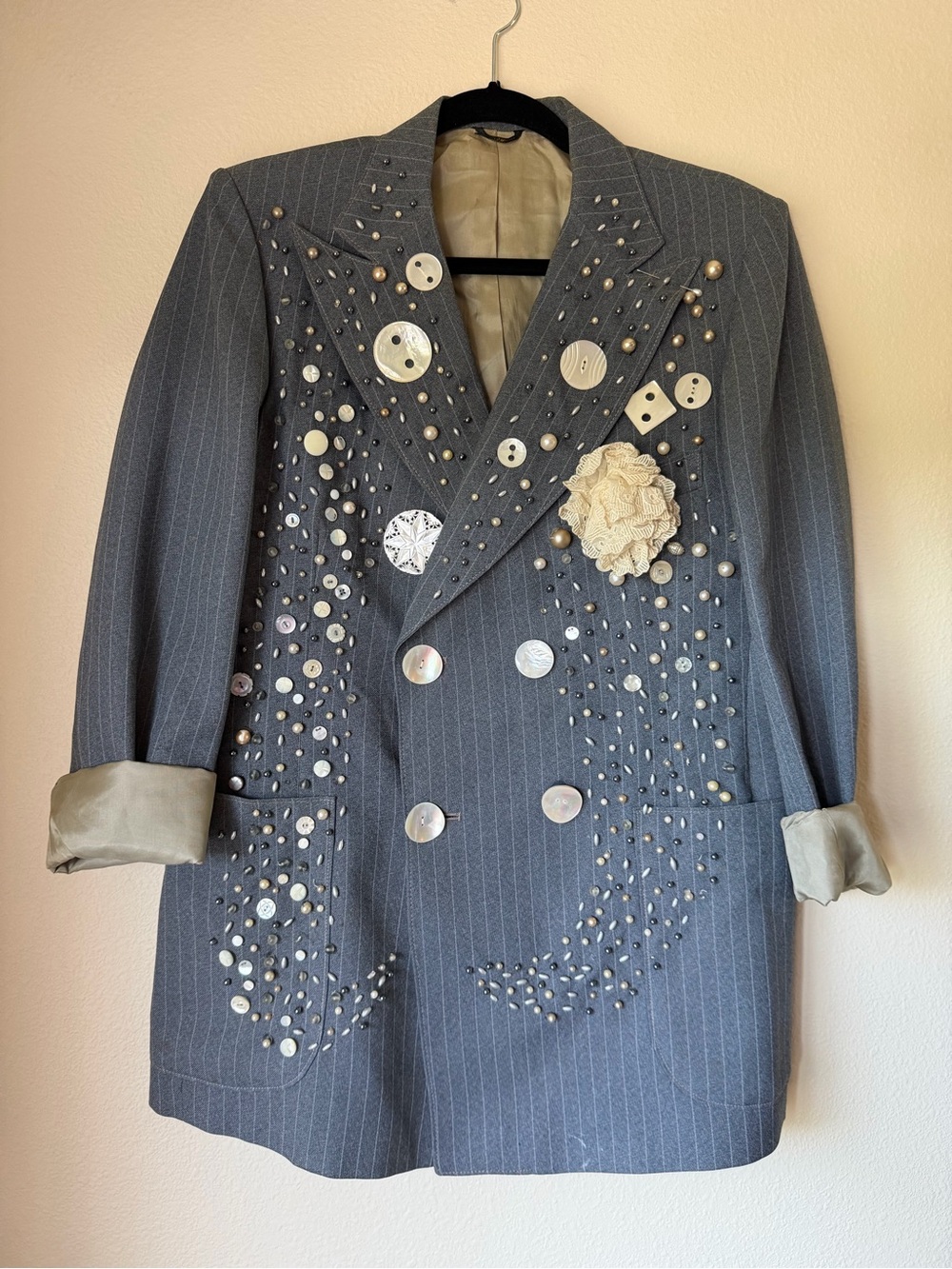 Embellished Pinstripe Double-Breasted Blazer Jacket. Size 12